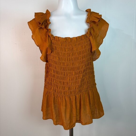 Nanette Lepore Tops - Nanette Lepore Top Medium Orange Ruffle Flutter Sleeve Smocked Peplum Blouse